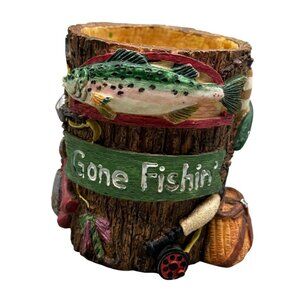 Fishing-Themed Gone Fishin Decorative Pen Holder reel life Russ Berrie 4" READ